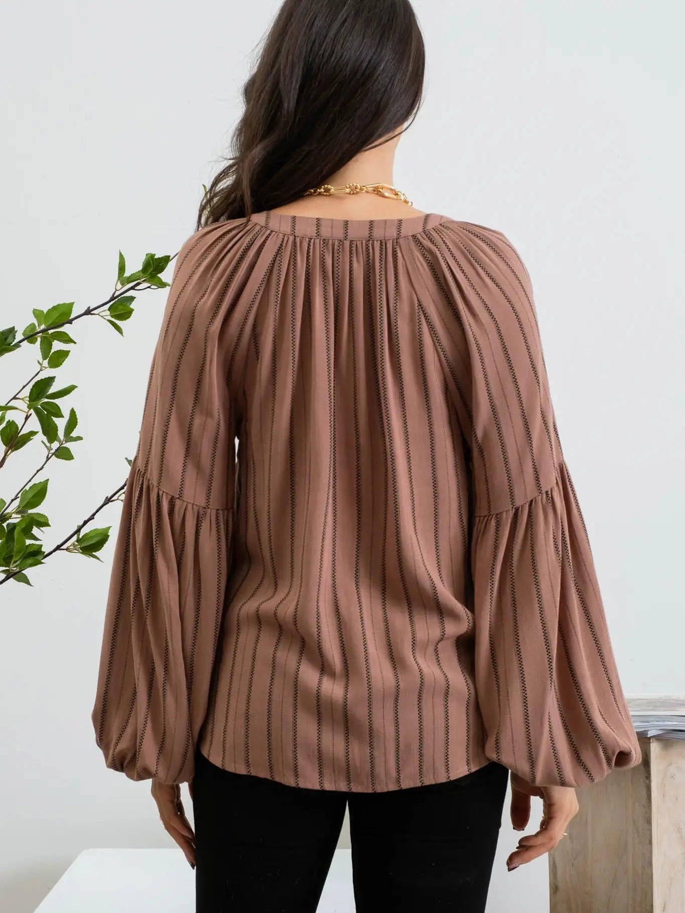 Brown Stripe Peasant Blouse Female Product Image