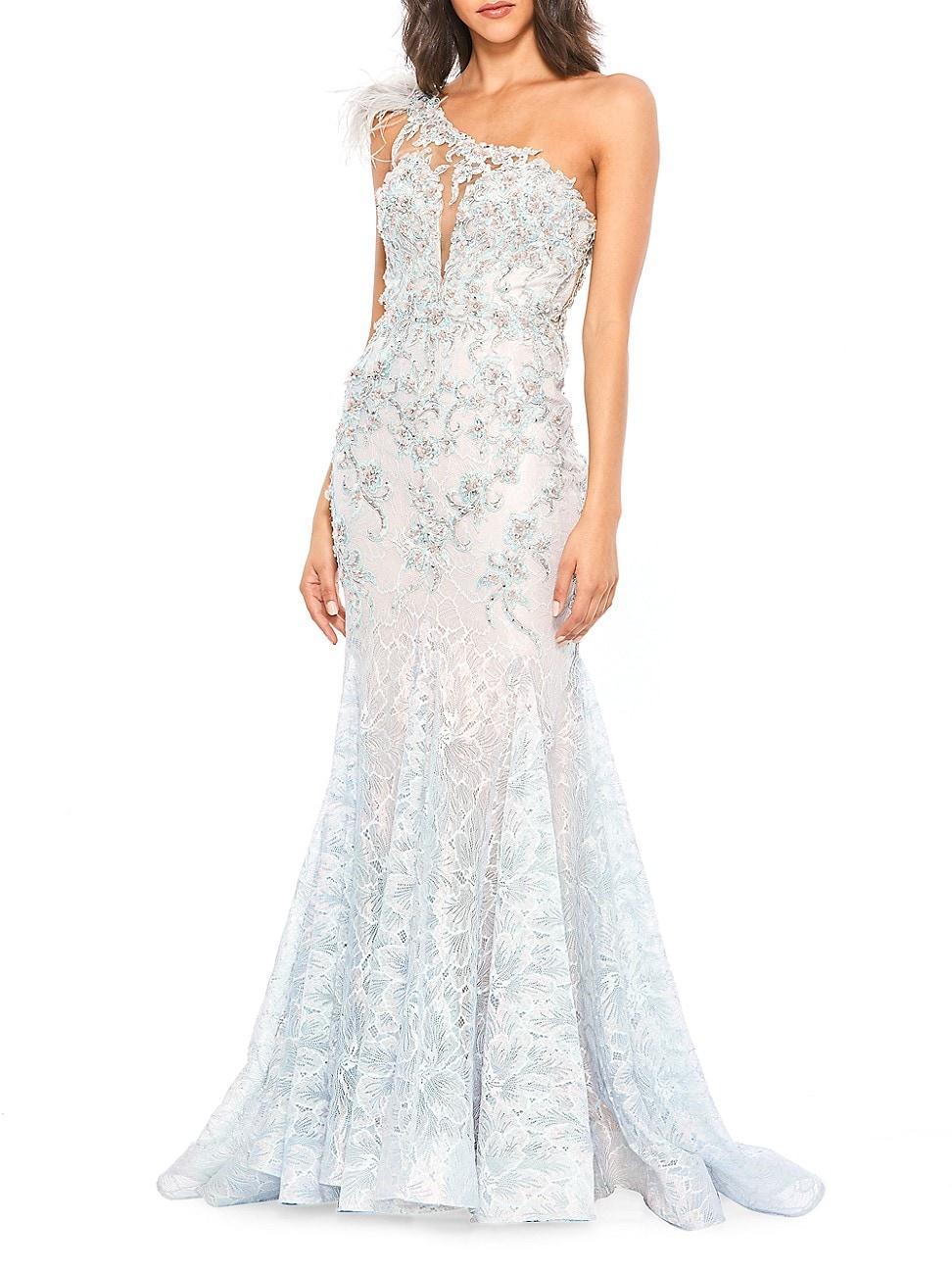 Mac Duggal Beaded Feather Detail One-Shoulder Mermaid Gown Product Image