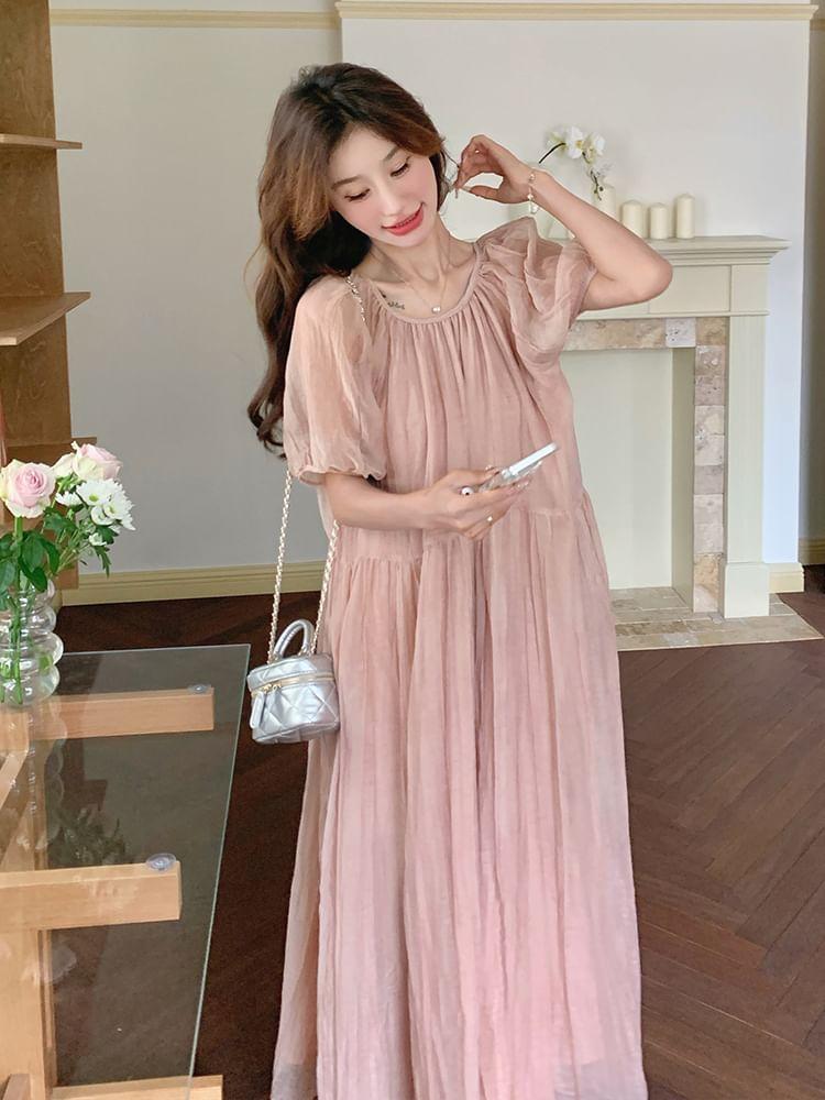 Ruffle Short-Sleeve Round Neck Plain Maxi A-Line Dress Product Image