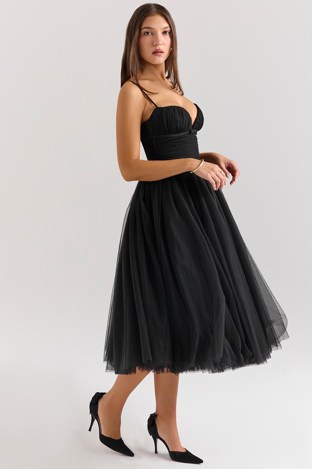 Countess Black Tulle Ruched Bodice Midi Dress Product Image