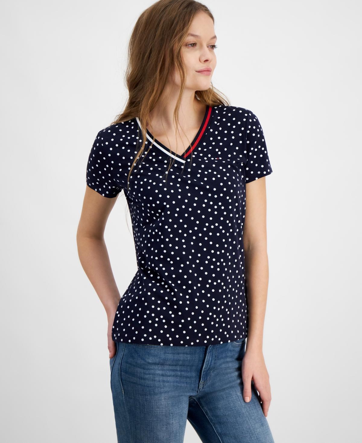 Tommy Hilfiger Womens Dot-Print Signature V-Neck Top Product Image