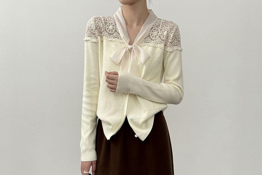 Tie-Neck Lace Panel Cardigan Product Image