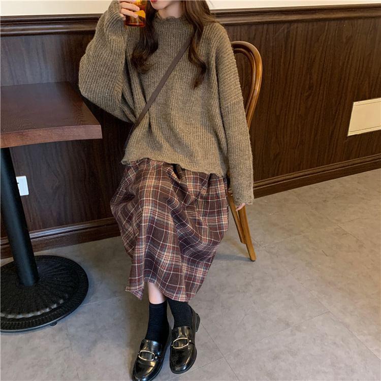 Long Sleeve Plain Distressed Loose-Fit Sweater / High Rise Plaid Midi A-Line Skirt Product Image