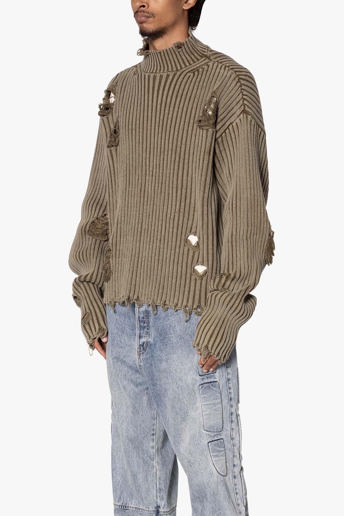 Distressed Crop Knit Sweater - Olive Product Image