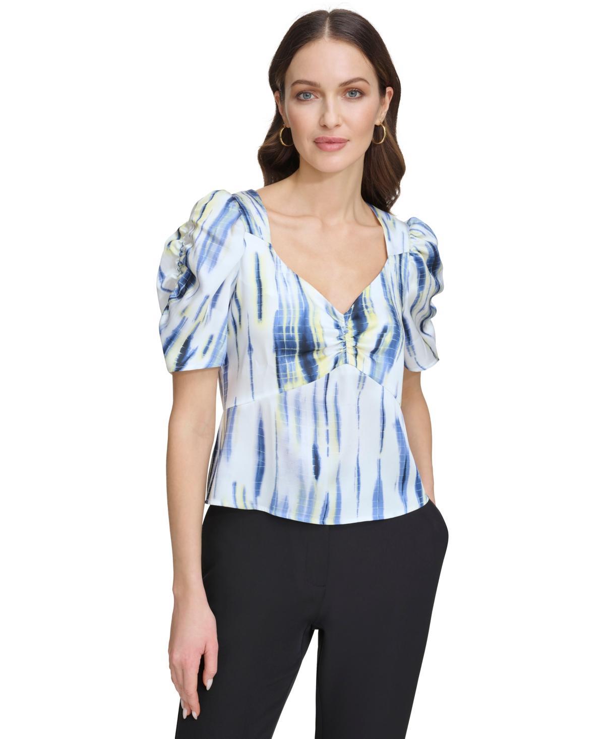 Dkny Womens Printed Puff-Sleeve Blouse - White Product Image