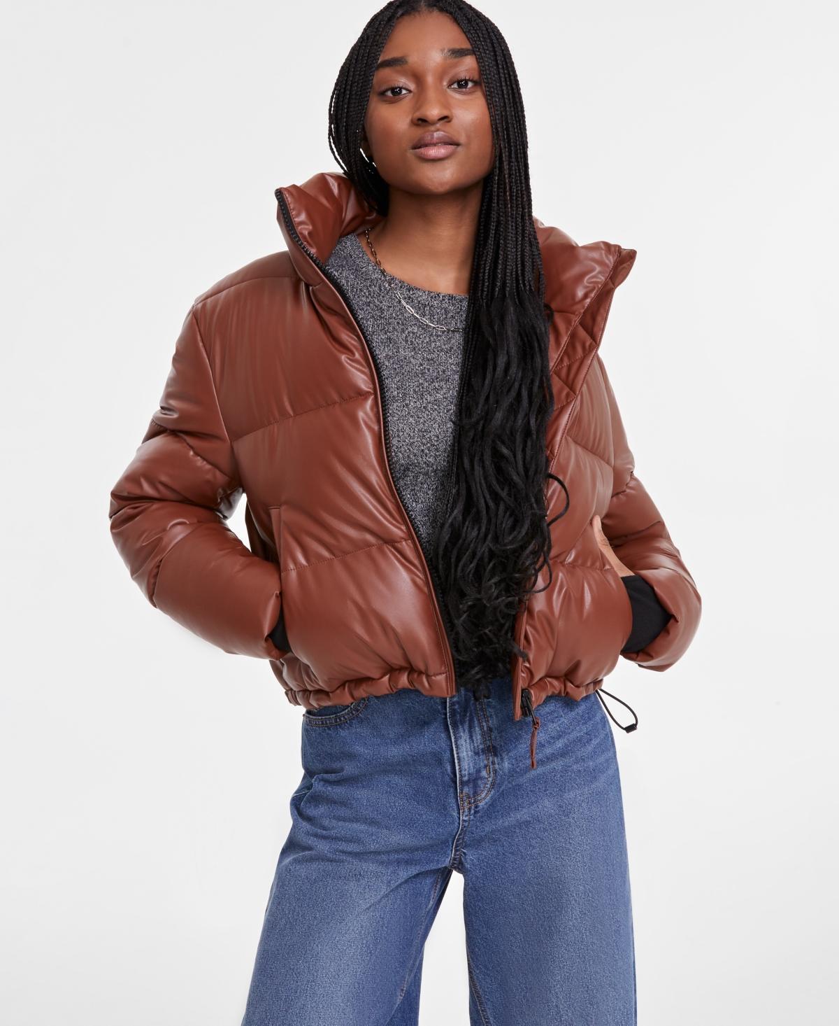 S13 Womens Cropped Zip-Front Faux-Leather Puffer Coat Product Image