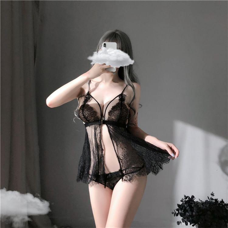 Set: Spaghetti Strap Cutout Lace Babydoll + G-String Product Image