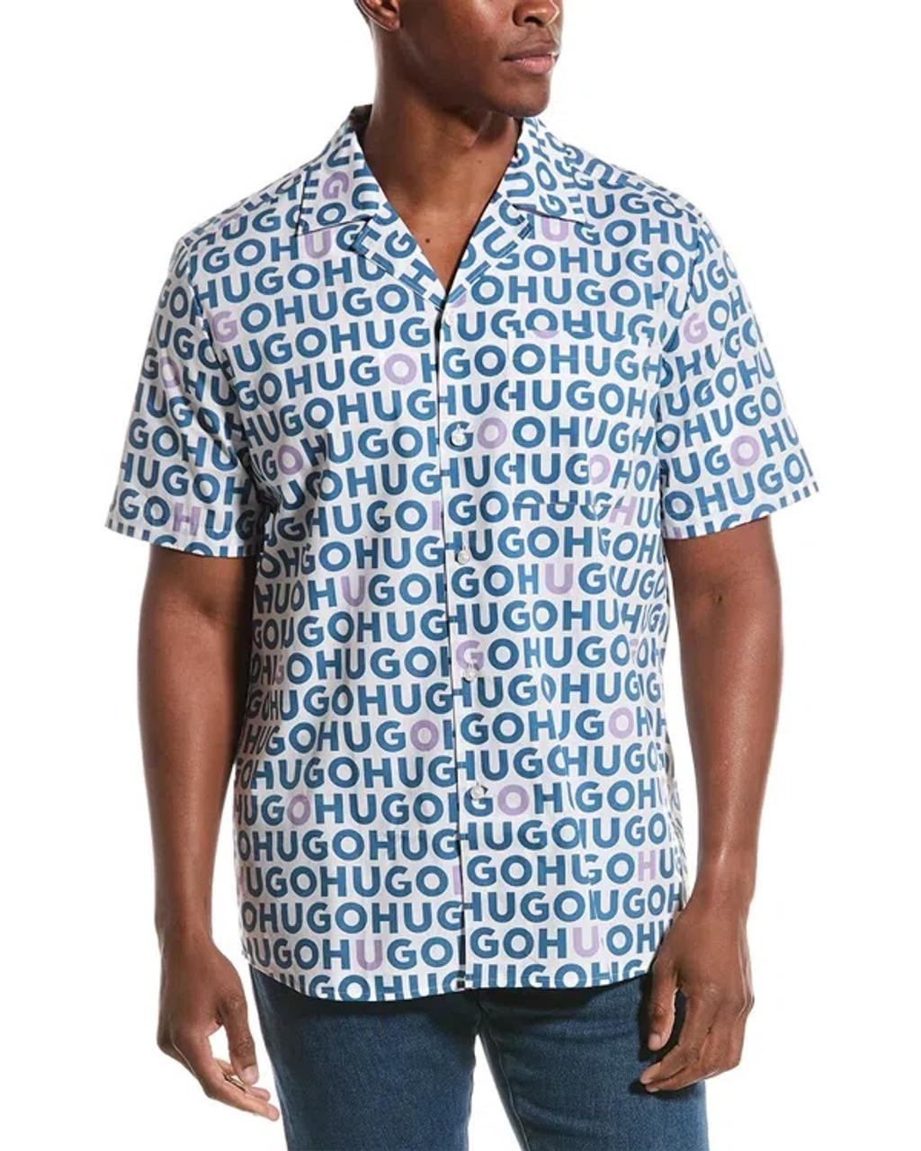 Hugo  Logo Print Straight Fit Woven Shirt In Blue Product Image