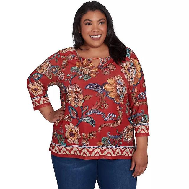 Plus Size Alfred Dunner Floral Border Mesh Split Neck Top, Womens Product Image