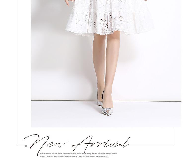 Long Sleeve Stand Collar Plain Embroidered Eyelet Ruffle Button Midi A-Line Dress Product Image