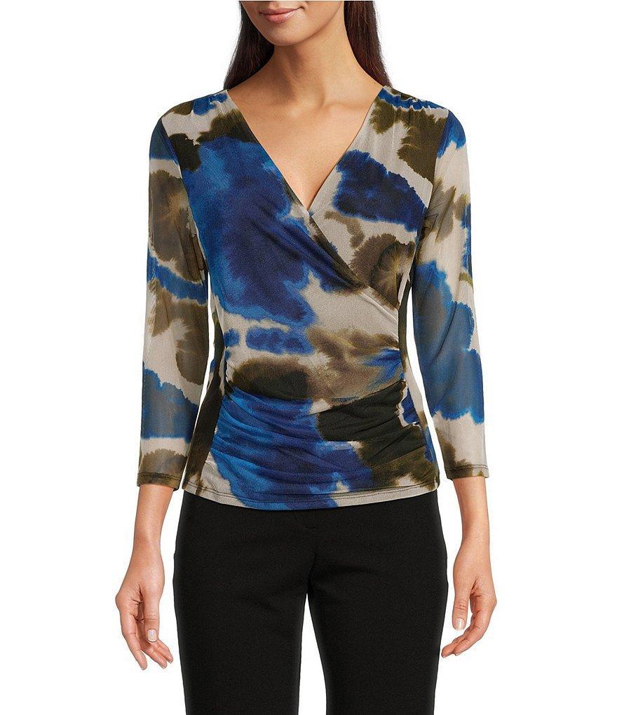 DKNY Printed Mesh 3/4 Sleeve Faux Wrap Top Product Image