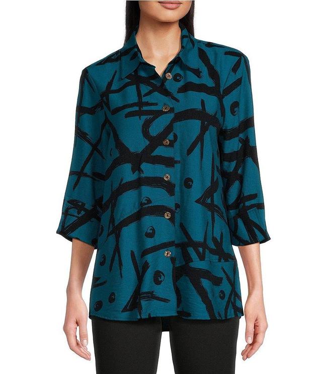 Ali Miles Printed Collared 3/4 Cuffed Sleeve Button Down Top Product Image