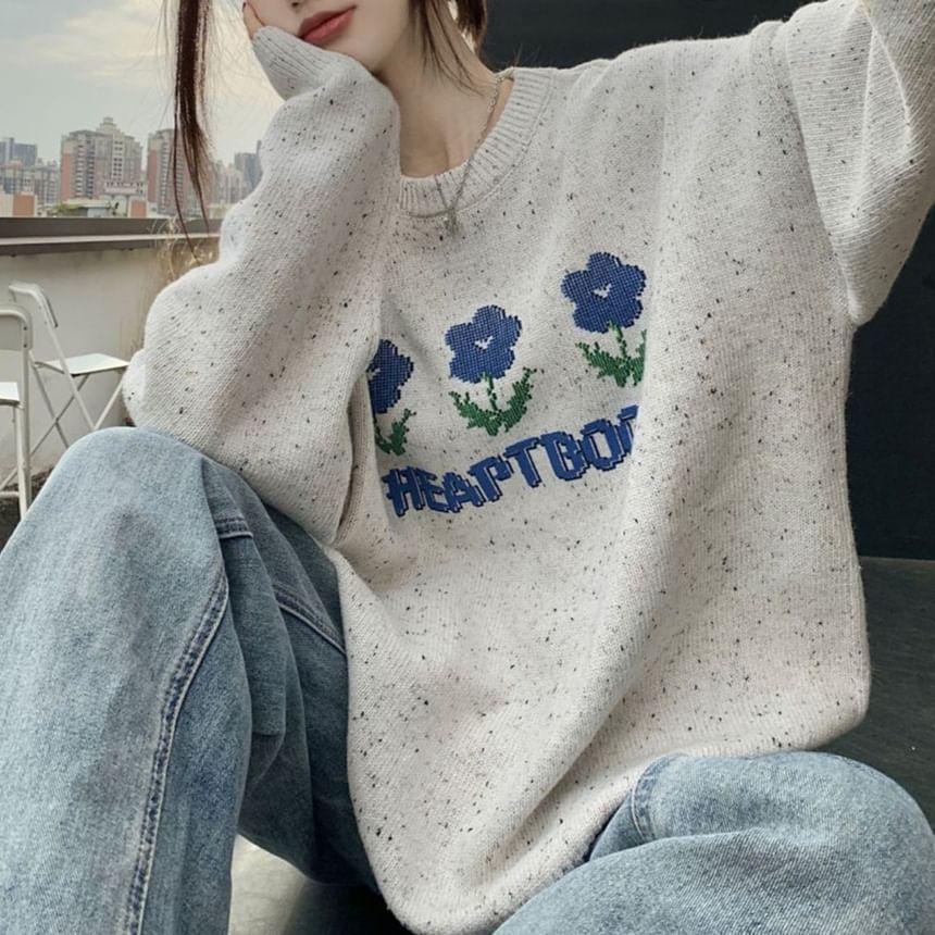 Round Neck Floral Patterned Melange Sweater Product Image