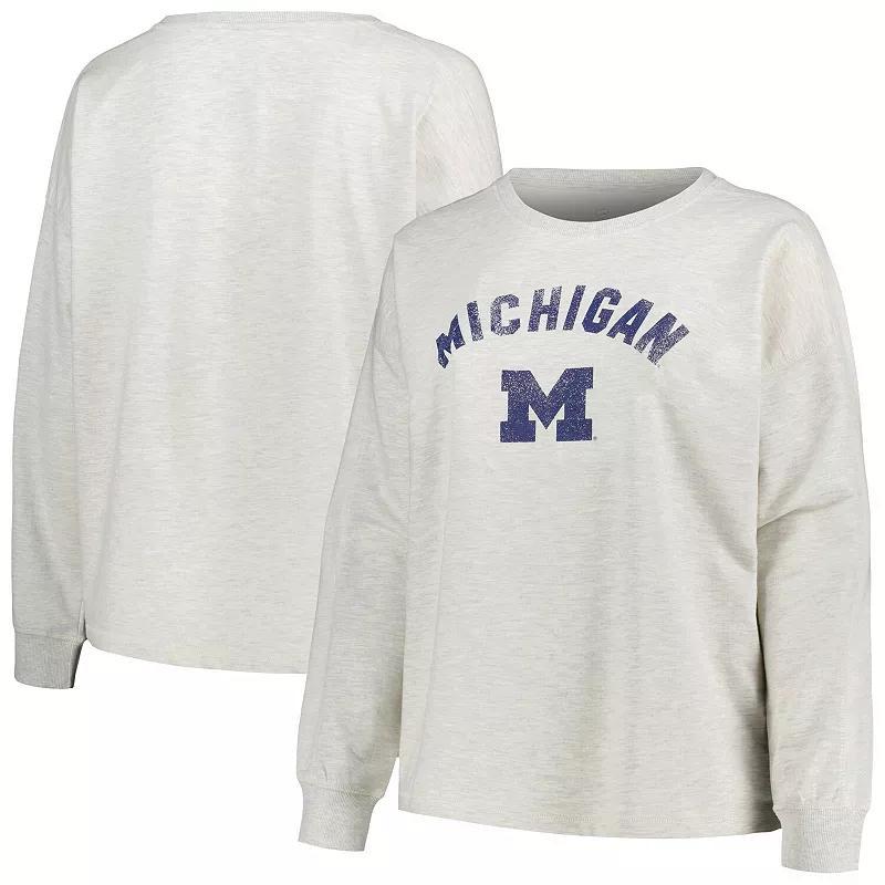 Womens Profile Oatmeal Michigan Wolverines Plus Size Distressed Arch Over Logo Neutral Boxy Pullover Sweatshirt Product Image