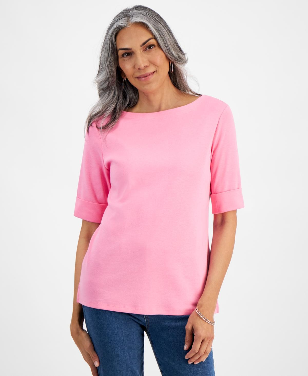 Style & Co Petite Cotton Elbow-Sleeve Boat-Neck Top, Created for Macys Product Image