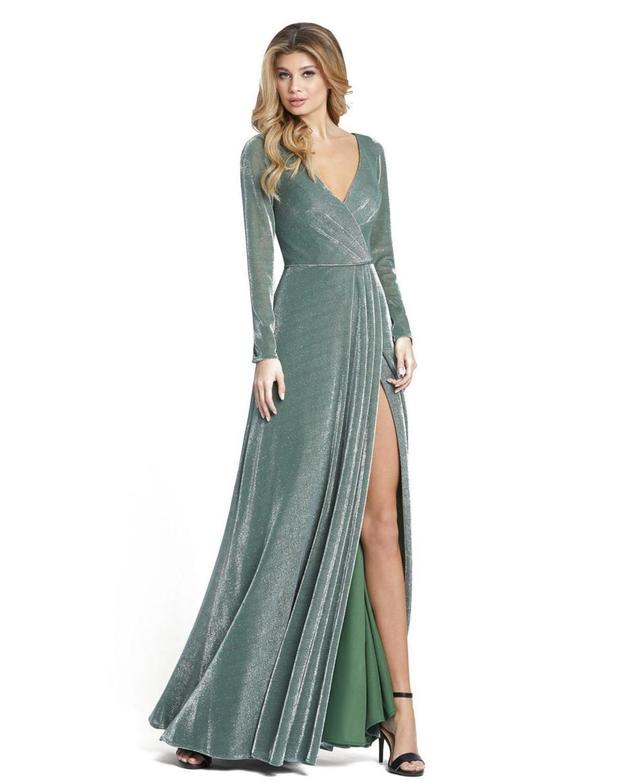 Mac Duggal Metallic Suede Surplice V-Neck Long Sleeve Thigh High Slit Faux Wrap Gown Product Image