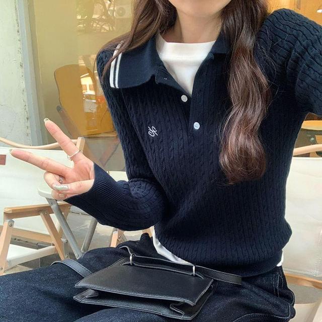 Collar Letter Embroidered Cable-Knit Sweater Product Image