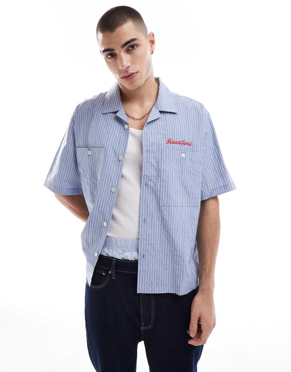 Bershka back embroidery striped shirt in light blue Product Image