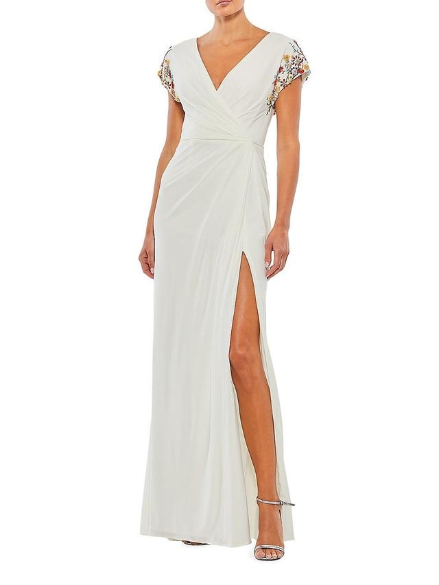 Mac Duggal Beaded Sleeve Faux Wrap Gown Product Image