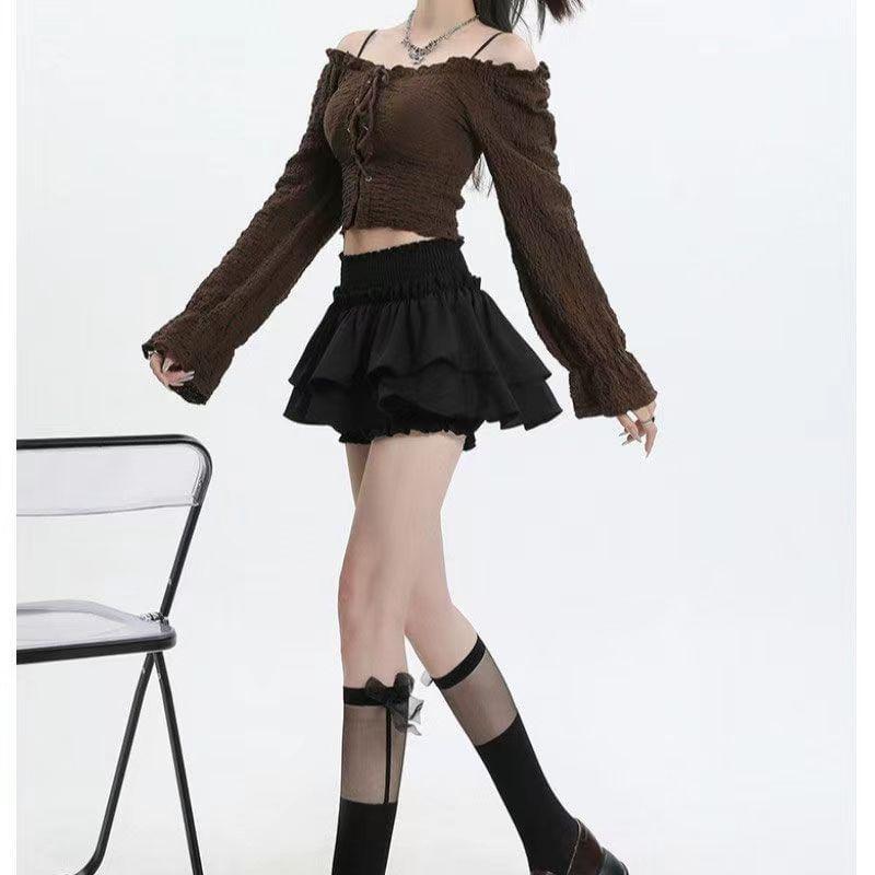 High Waist Plain Ruffled Mini A-Line Layered Skirt Product Image