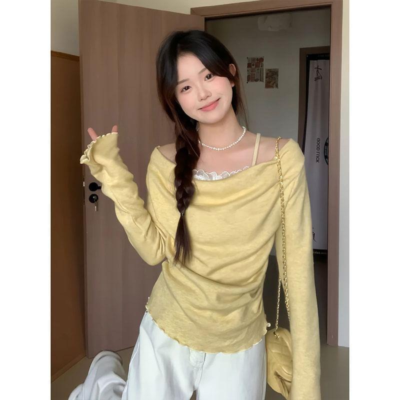 Long-Sleeve Cowl Neck Plain Lettuce Edge Lace Trim Knit Top Product Image