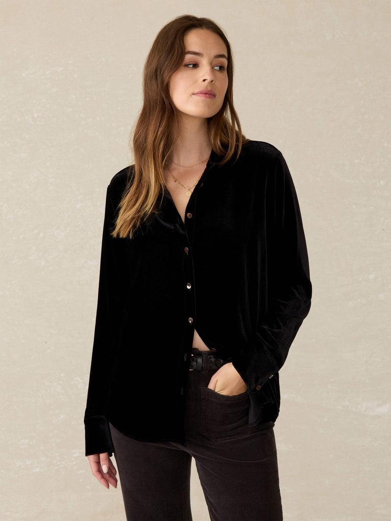 Stretch Silk Velvet Genevieve Shirt - Black Product Image