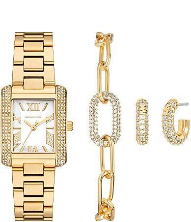 Michael Kors Womens Emery Three-Hand Gold-Tone Stainless Steel Watch Earring and Bracelet Gift Set Product Image