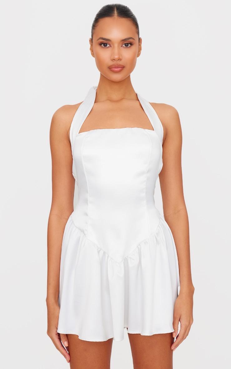 White Premium Satin Corset Detail Shift Dress Product Image