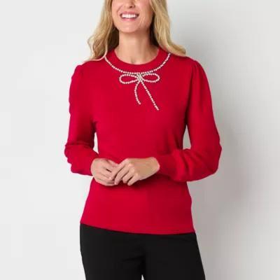 Liz Claiborne Womens Crew Neck Embellished Long Sleeve Pullover Sweater Product Image