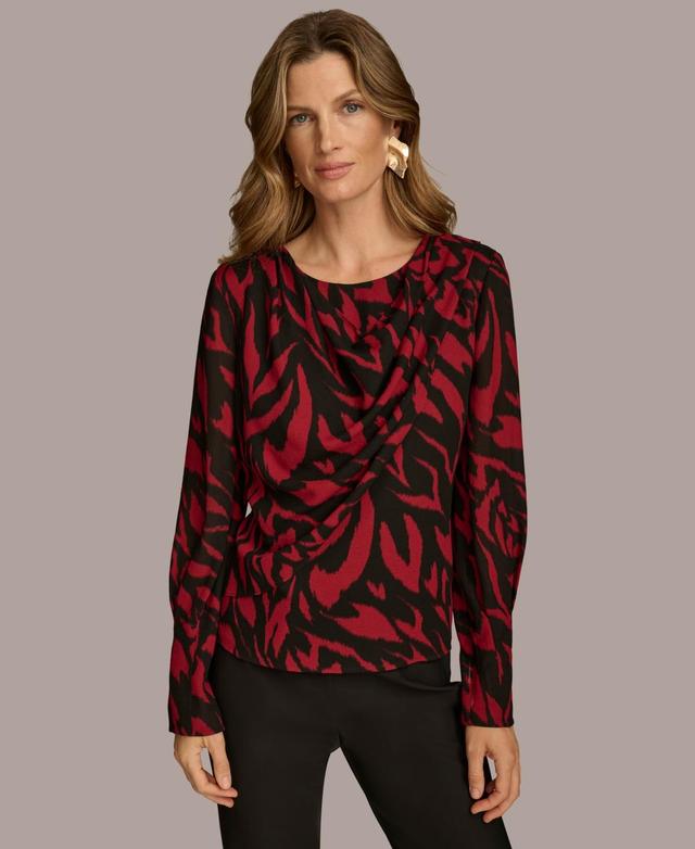 Donna Karan New York Womens Printed Drape-Front Top - Red Product Image