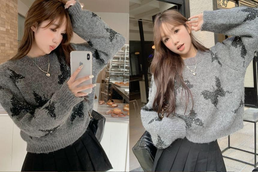 Drop Shoulder Crew Neck Embroidered Butterfly Oversized Sweater Product Image