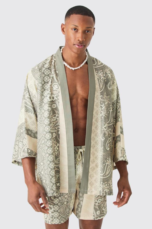 Mens Grey Oversized Printed Kimono Shirt And Swim Short Set, Grey Product Image