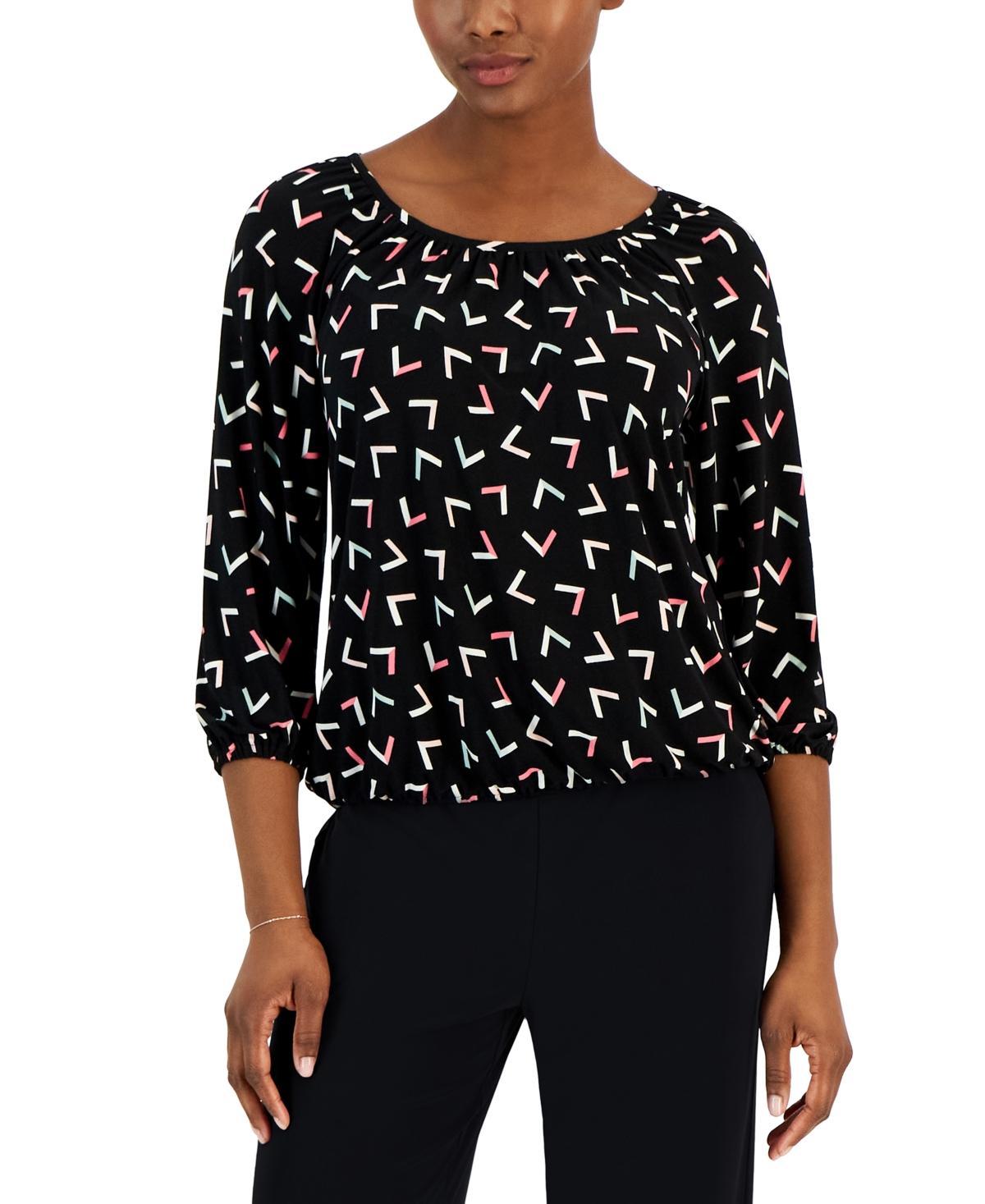 Ak Anne Klein Petite Printed Shirred 3/4-Sleeve Top - Anne Black Product Image