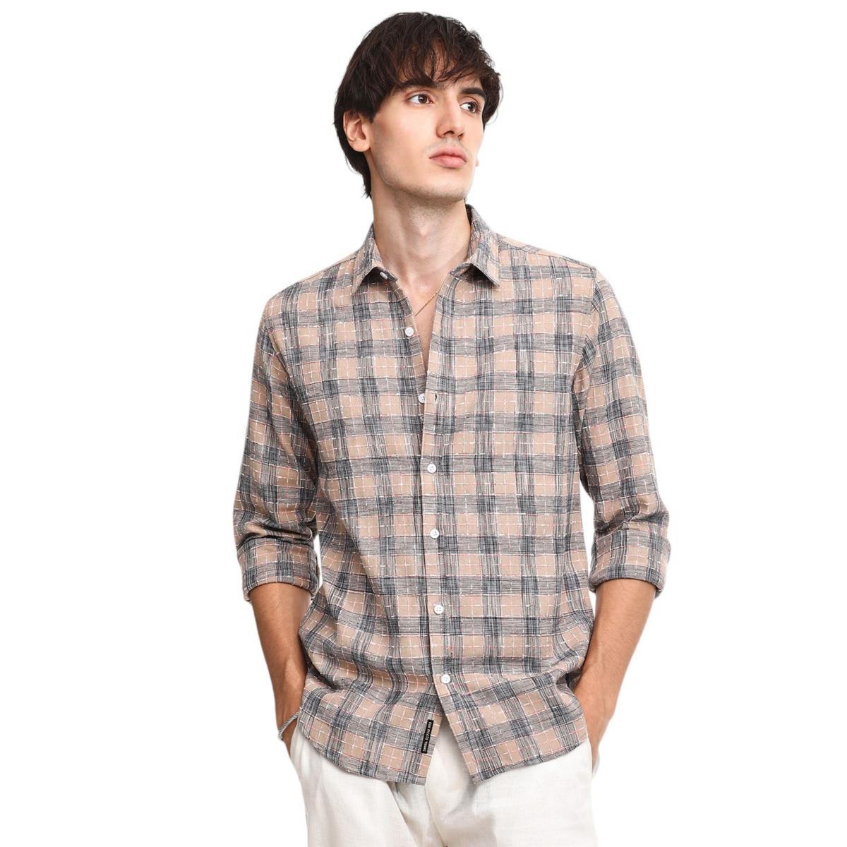 Campus Sutra Mens Saltbox Beige Heathered-Buffalo Check Shirt Product Image