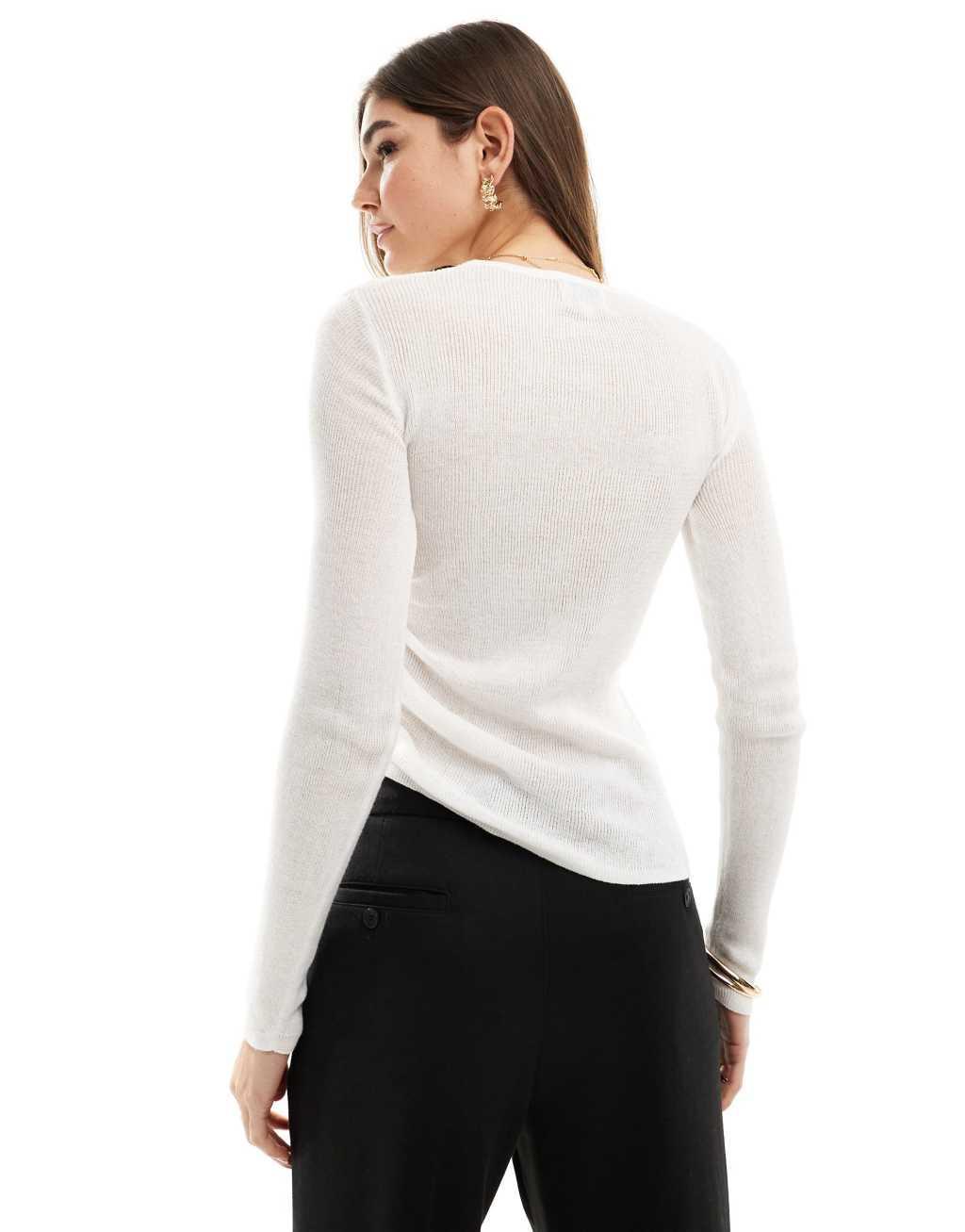 SNDYS semi sheer fine knit long sleeve top in white Product Image