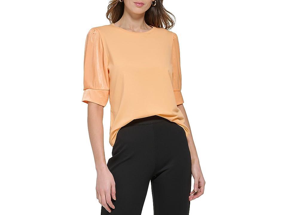 DKNY Short Sleeve Crew Neck Satin Twist Sleeve Top (Canteloupe) Women's Clothing Product Image