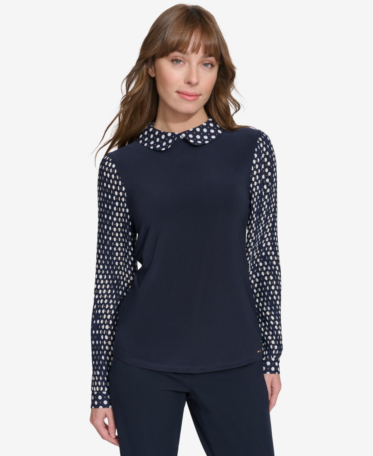 Tommy Hilfiger Womens Collared Pleated-Sleeve Top - Mdngt Product Image