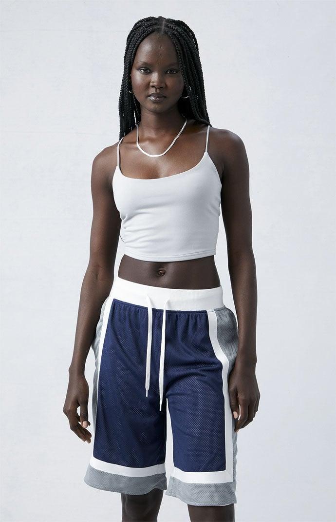 Women's Colorblock Longline Basketball Shorts in Navy/White - Product Image