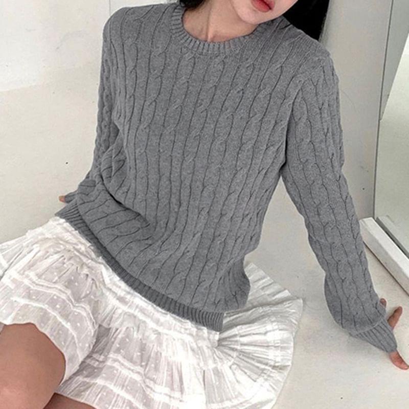 Long Sleeve Plain Cable-Knit Loose-Fit Sweater Product Image