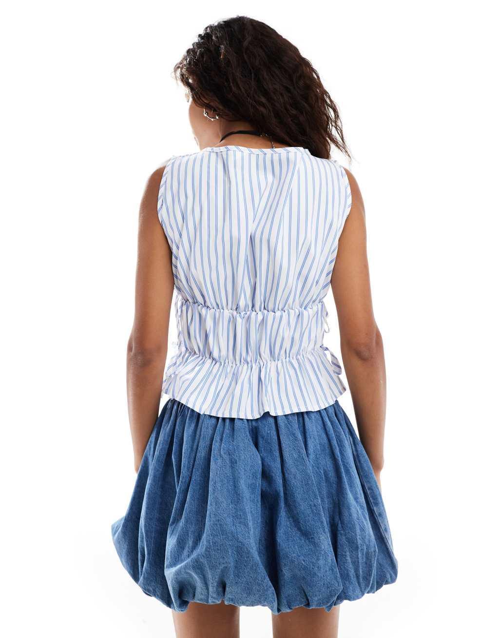 COLLUSION poplin shirred tank top with tie side in blue stripe Product Image