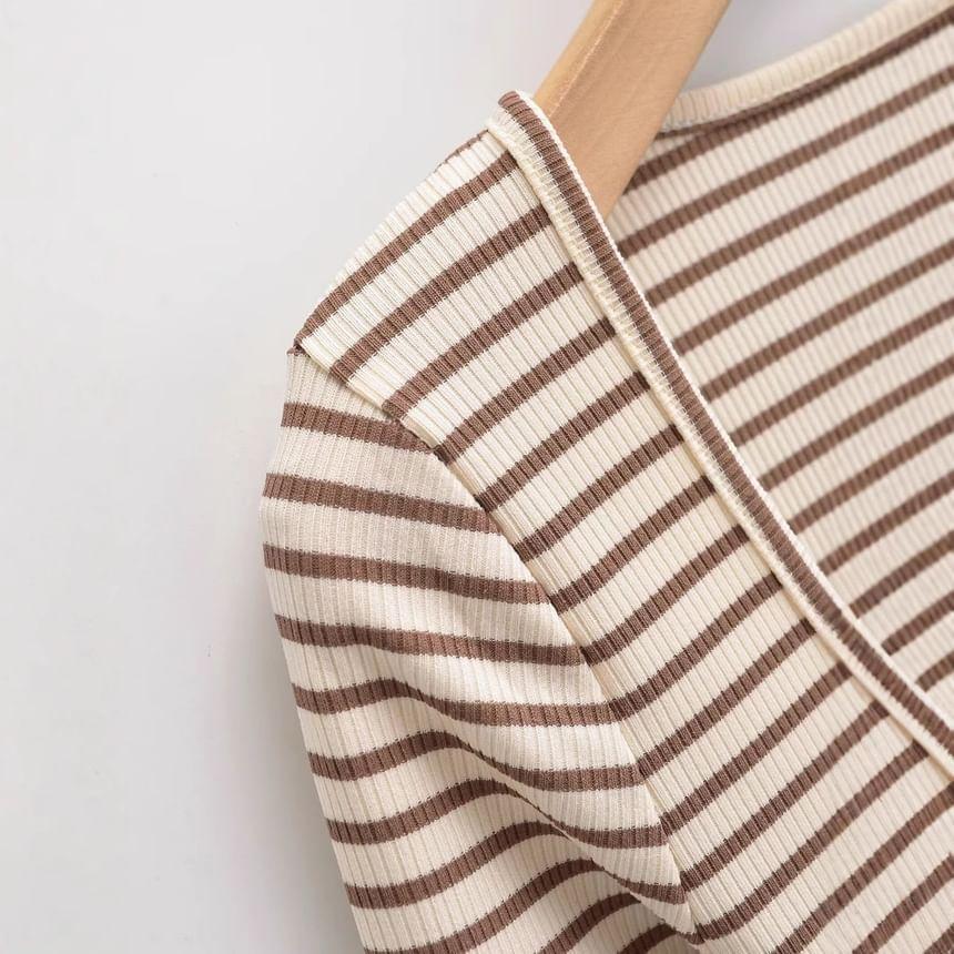 Long-Sleeve Square-Neck Striped Henley T-Shirt Product Image