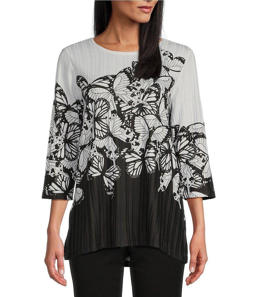 Allison Daley Butterfly Dance Print 3/4 Sleeve Crew Neck Embellished Rib Knit Top Product Image