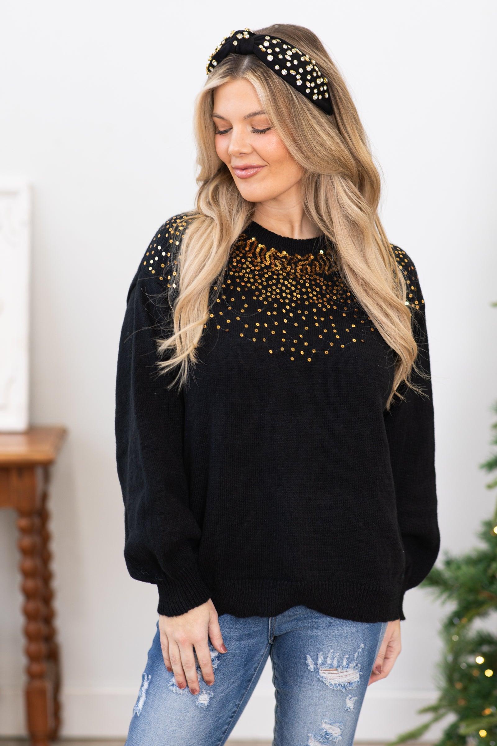 Black Sequin Detail Balloon Sleeve Sweater Product Image