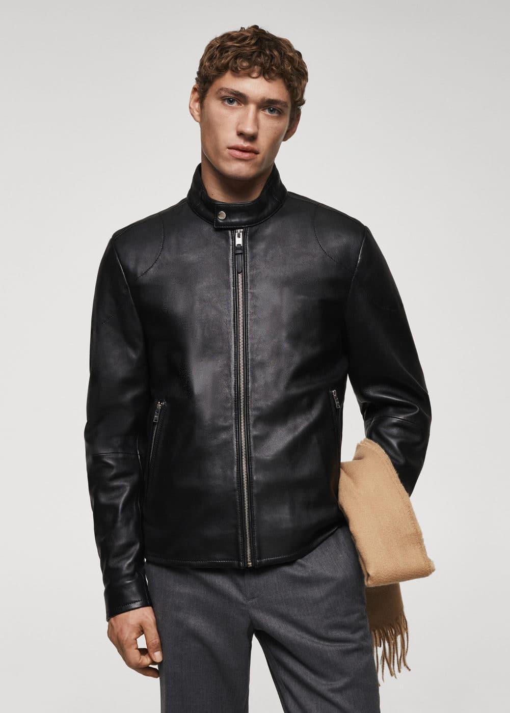 MANGO MAN - Zip-detail leather biker jacket blackMen Product Image