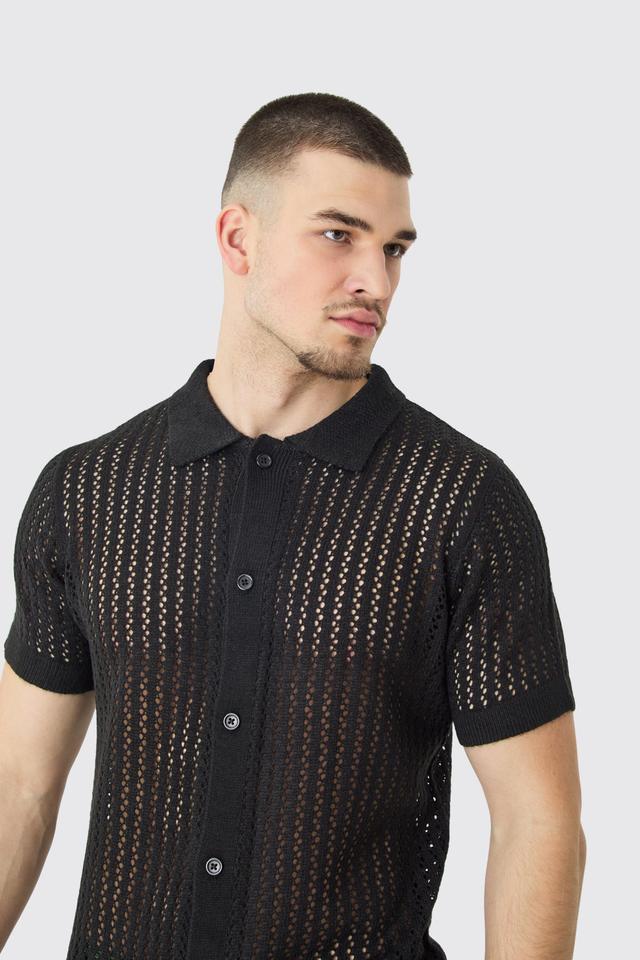 Tall Open Stitch Short Sleeve Knitted Shirt In Black | boohooMAN USA Product Image