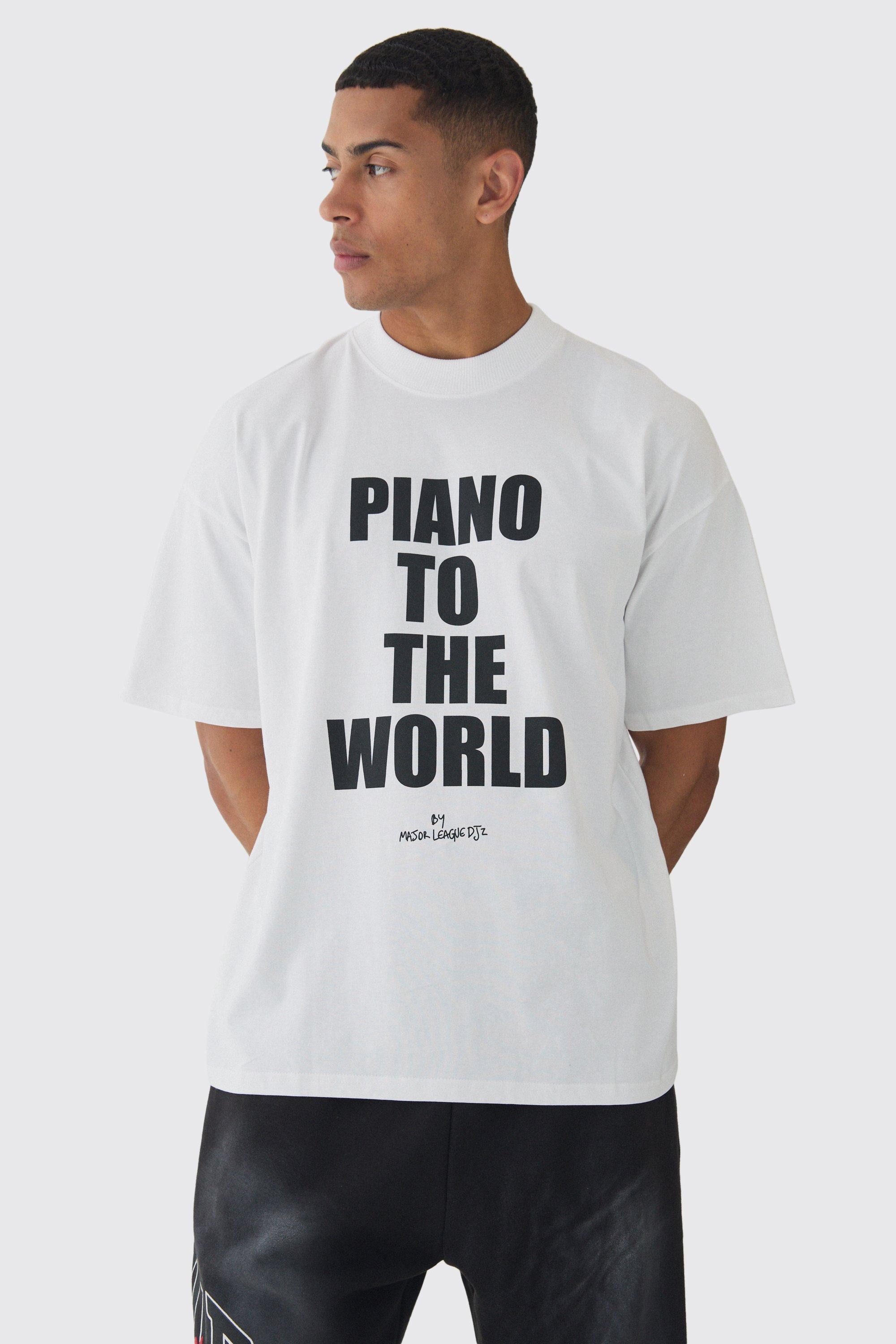 Mens White Oversized Extended Neck Piano To The World T-Shirt, White Product Image