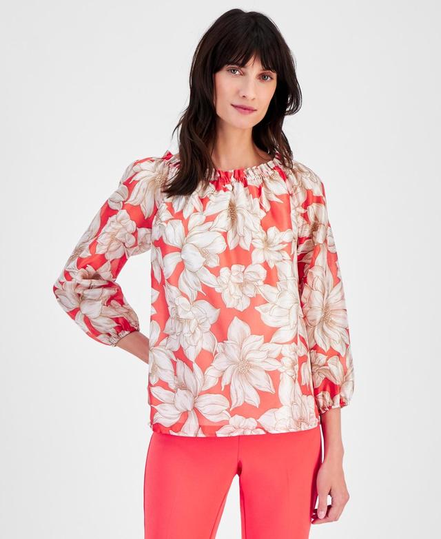 Anne Klein Womens Printed Ruffled-Neck Top - RED PEAR Product Image