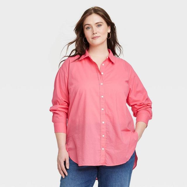 Womens Tunic Long Sleeve Collared Button-Down Shirt - Universal Thread Pink 2X Product Image