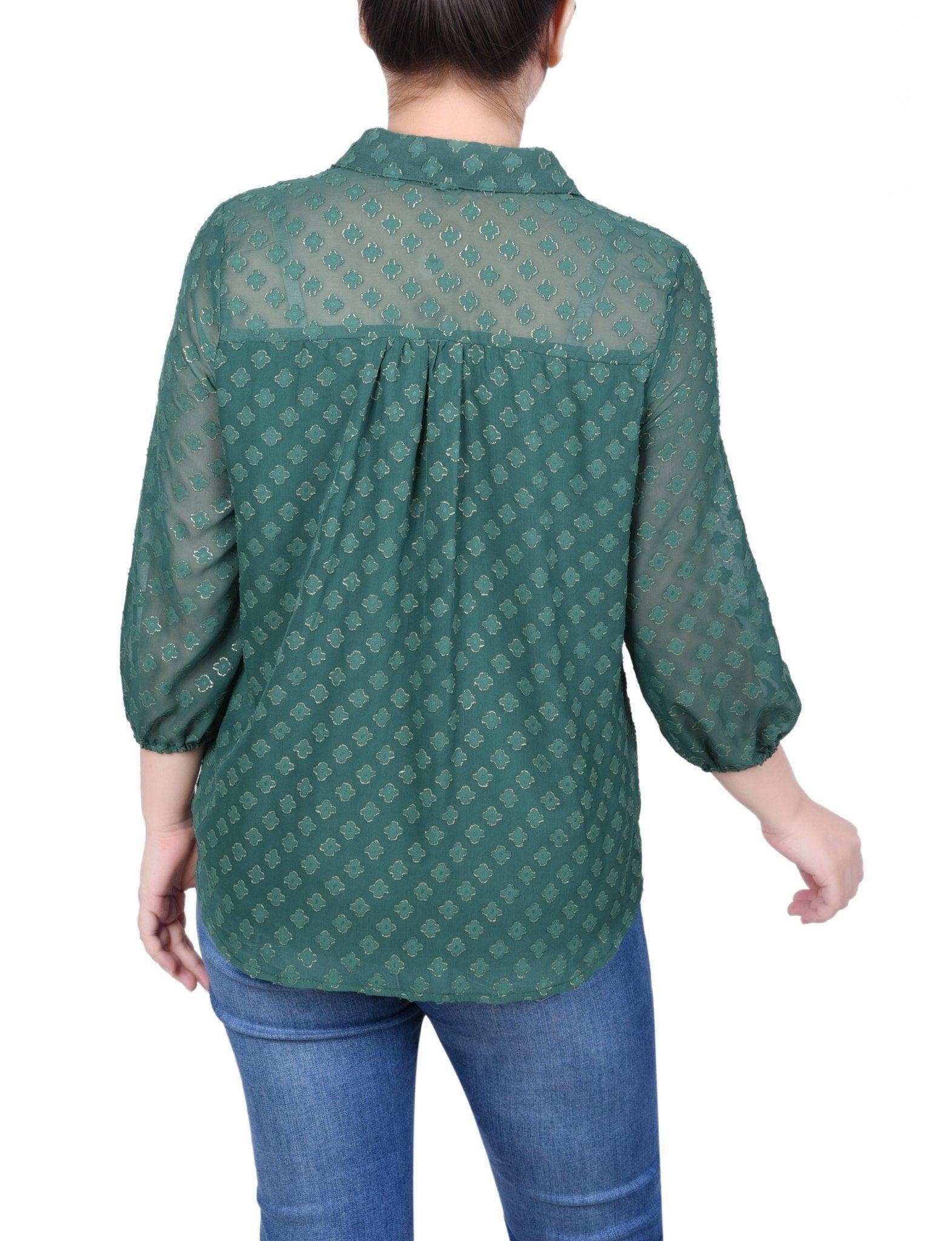 3/4 Length Sleeve Foiled Jacquard Chiffon Blouse - Petite Product Image