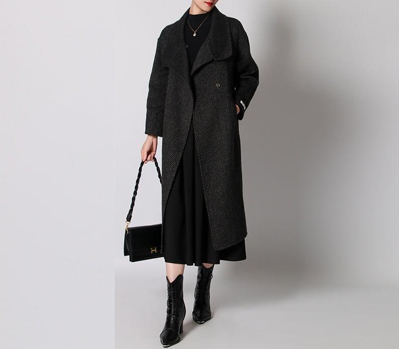 Stand Collar Striped Buttoned Long Coat Product Image